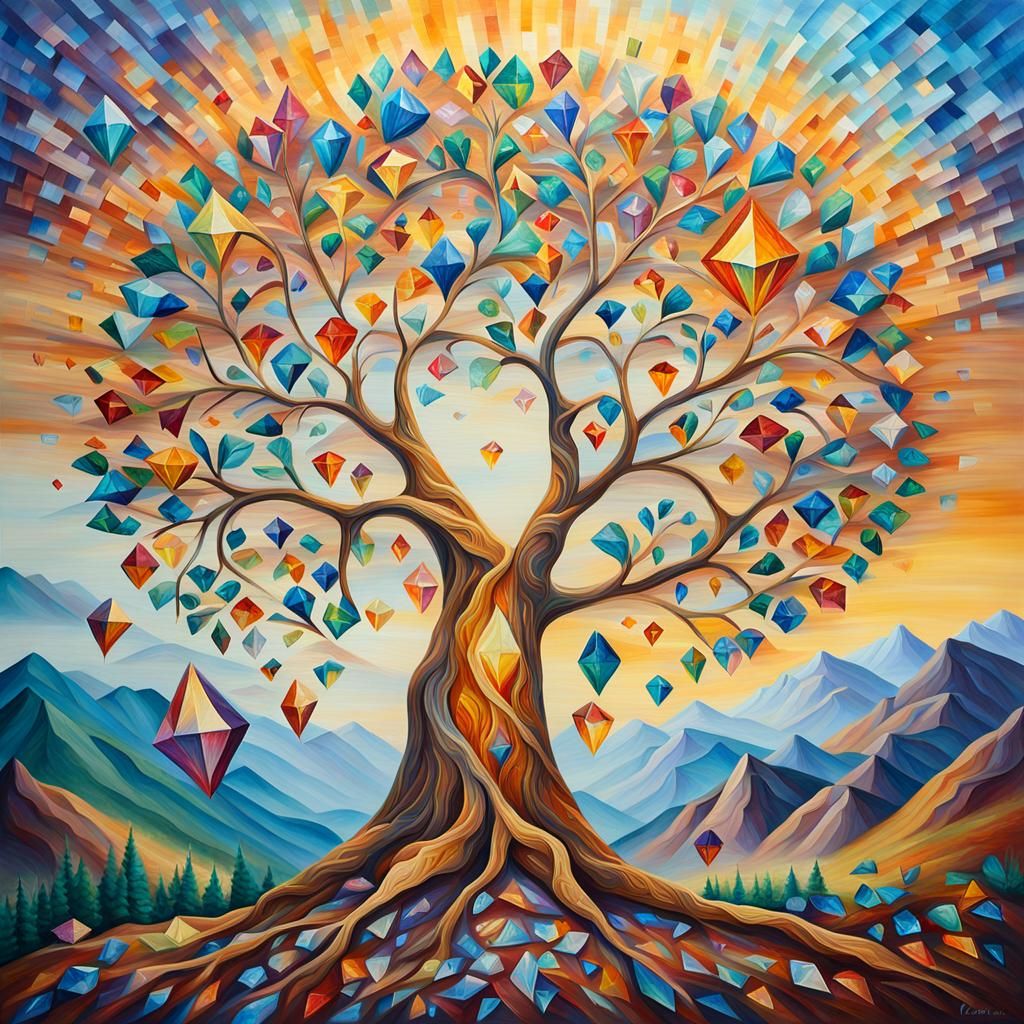 Triadic Tree Masterpiece in Vibrant Oil Paint