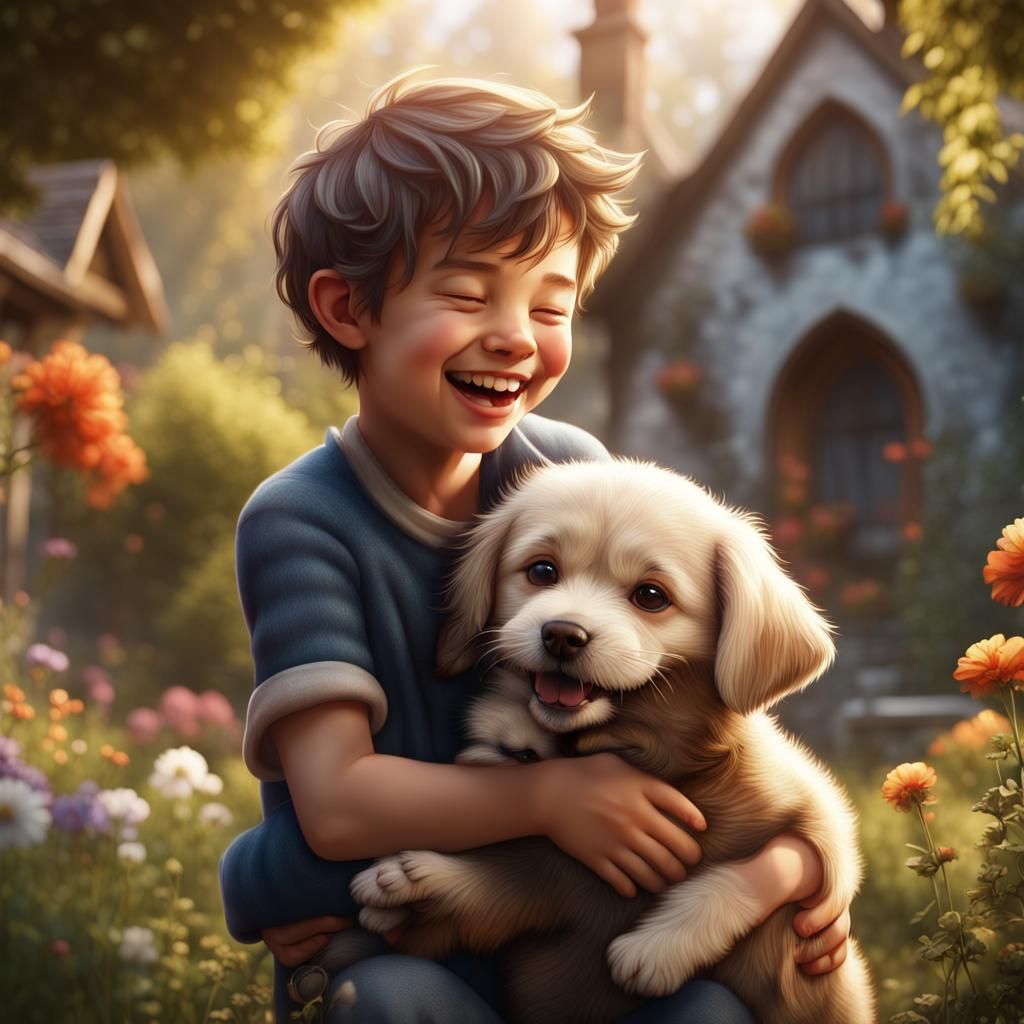 Joyous Embrace: Boy and Puppy in Garden