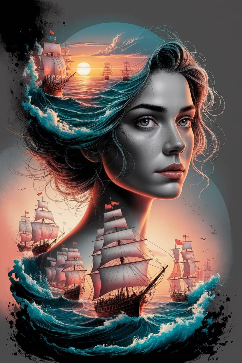 Vibrant Portrait of a Woman in a Dreamlike Oceanic Scene