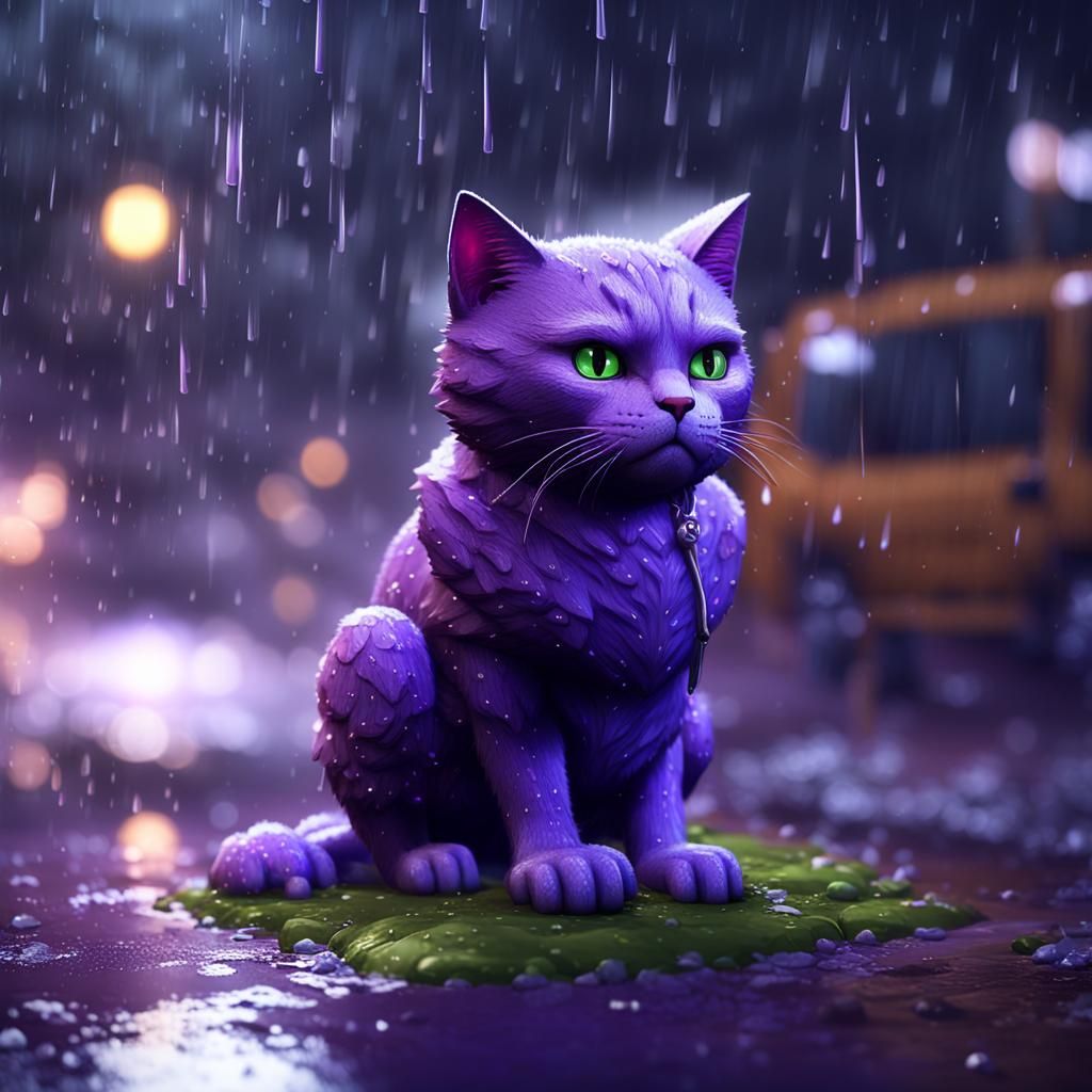 Sad Purple Cat in Rain, 3D Game Art
