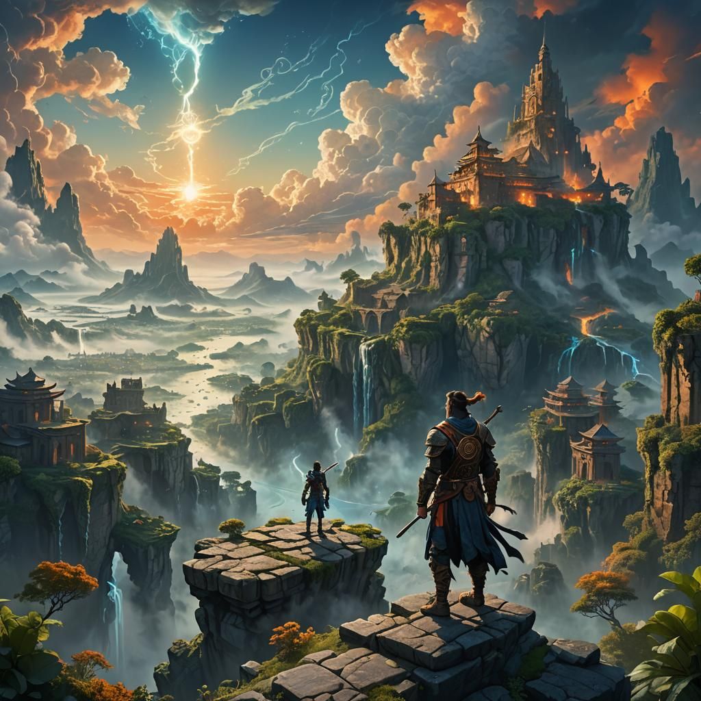Mystic Warrior Overlooking Floating City: Fantasy Concept Ar...