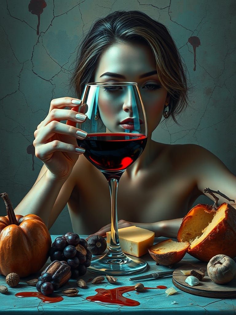 Woman with Melting Wine Glass: Hyperrealistic Oil Painting