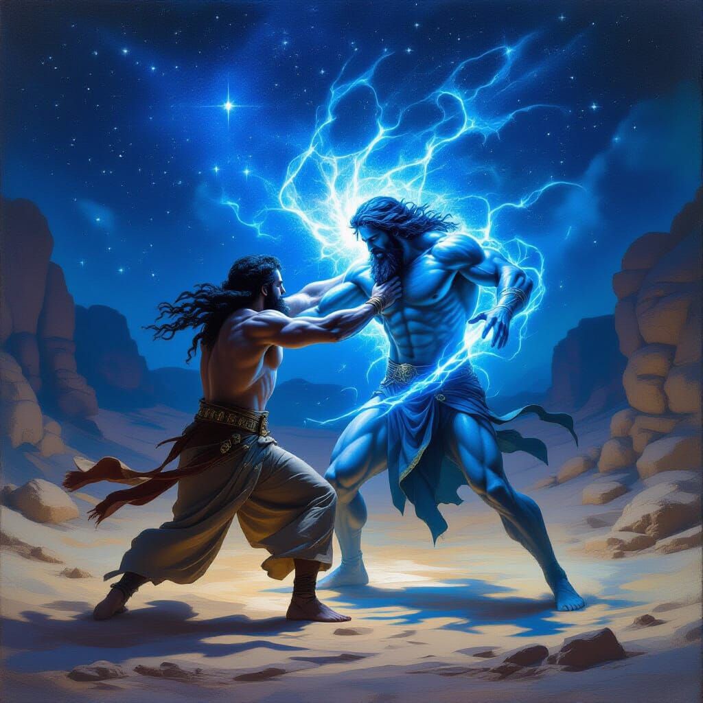 Jacob Wrestles God's Spirit in Epic Oil Painting