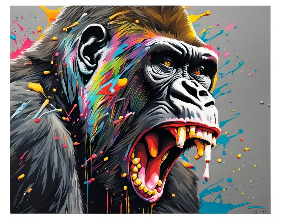 Intense Gorilla Graffiti Art in Polychromatic Style