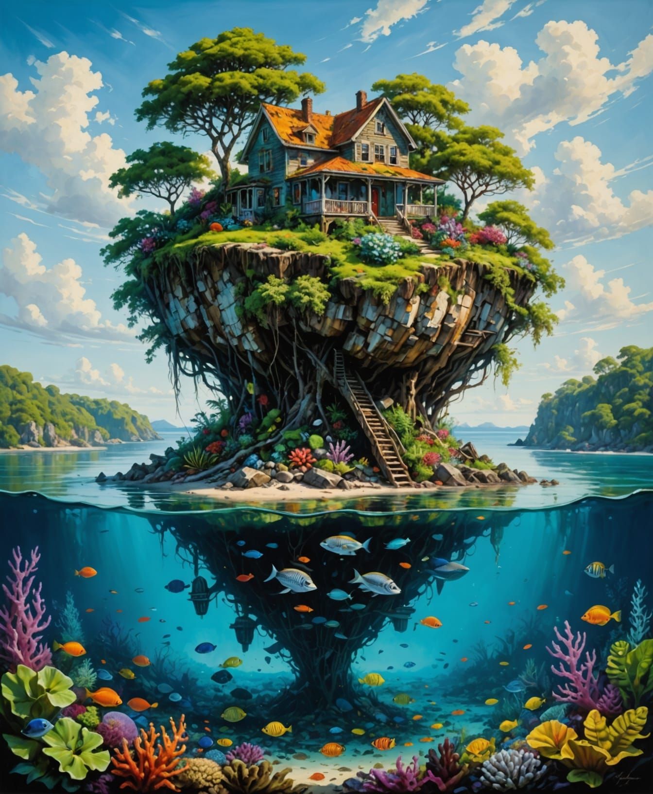 Island House: High Contrast Oil Painting with Marine Life