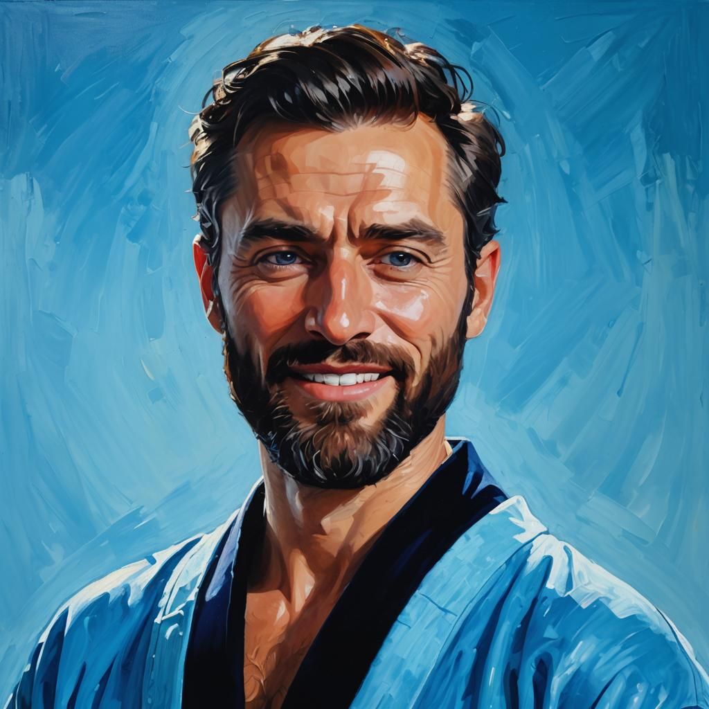 Bearded Man in Blue Robe: Neo-Expressionist Oil Painting