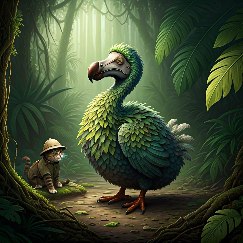 Resurrected Dodo in Lush Jungle, Botanical Art
