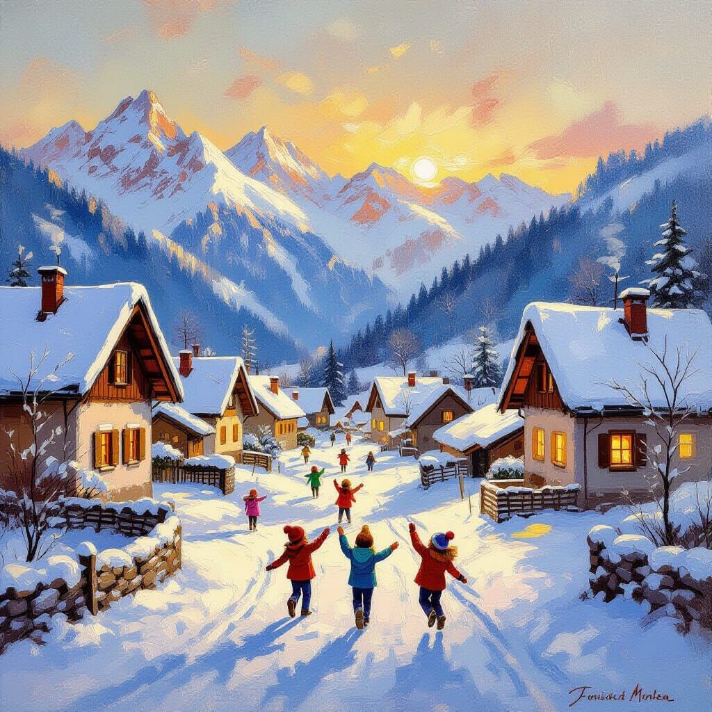 Children Playing in Snow Village at Golden Hour