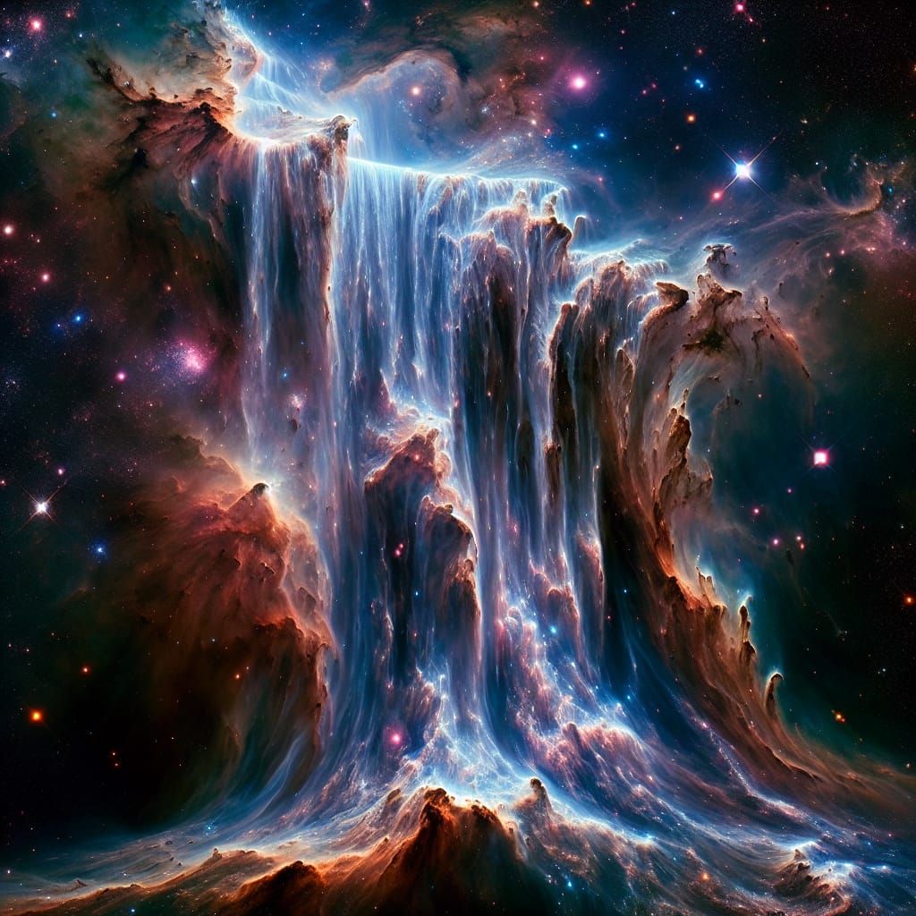 Cosmic Waterfall of Nebulae and Galaxies