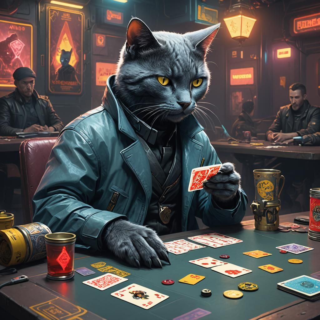 Russian Blue Cat Plays Cyberpunk Card Game