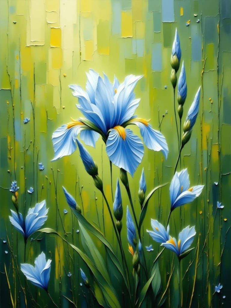 Blue Iris in an Impasto Oil Painting Style