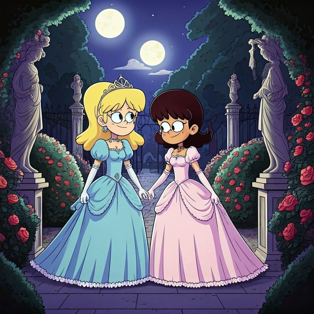 Lynn Loud and Stella Zhau, dressed in elegant princess dress...