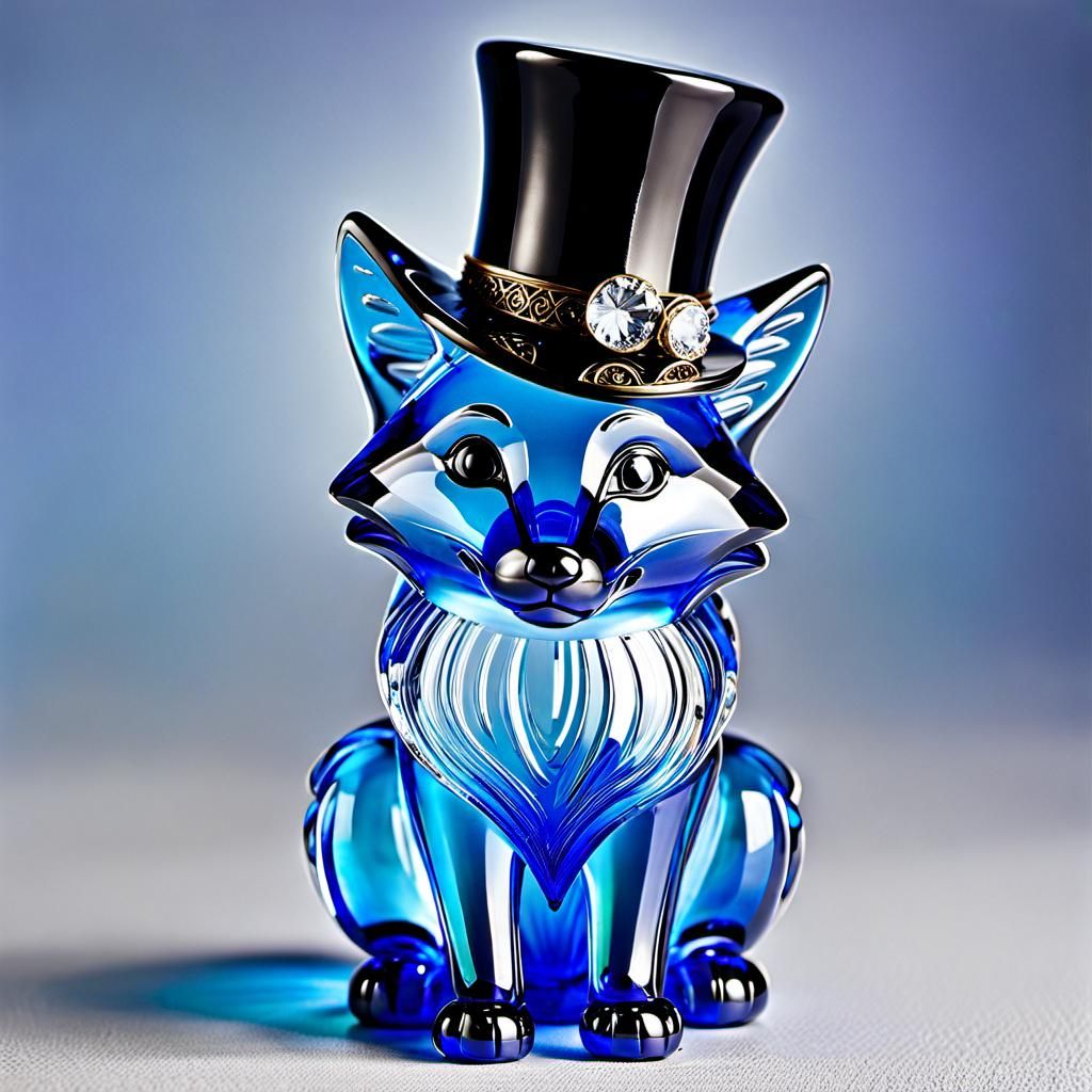 Glass Fox Figurine with Top Hat: Hyperrealistic Rendering