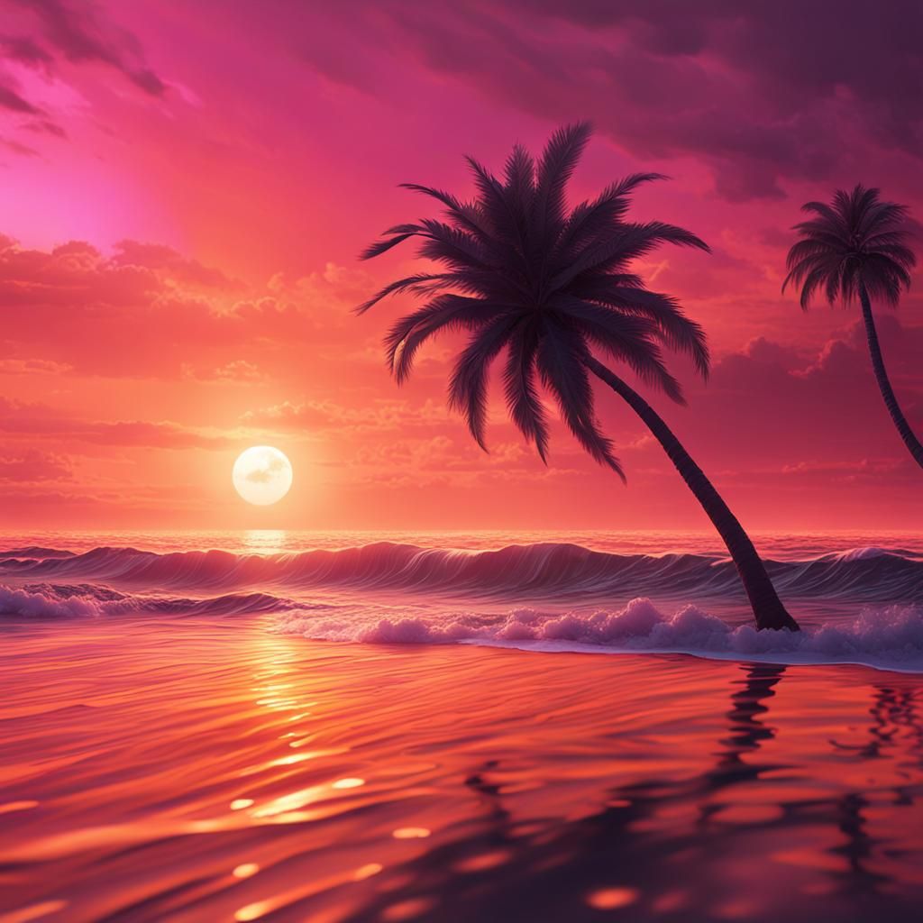 Vibrant Beach Sunset with Palm Tree Silhouette