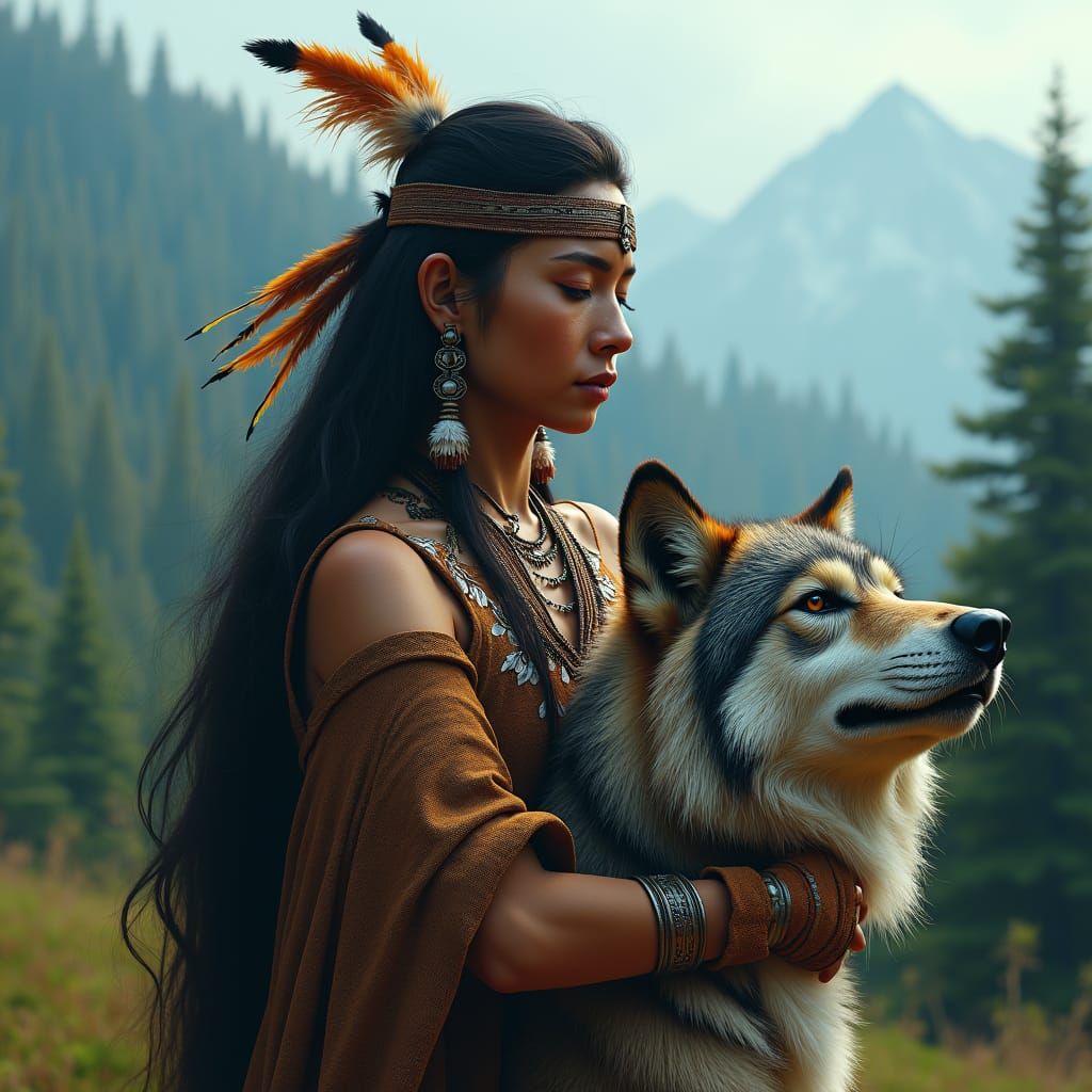 Indigenous Woman with Wolf Pelt in Mystical Forest