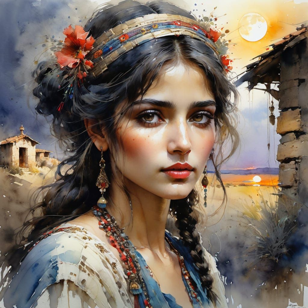 Watercolor Portrait of a Gypsy Woman in a Fairytale Setting
