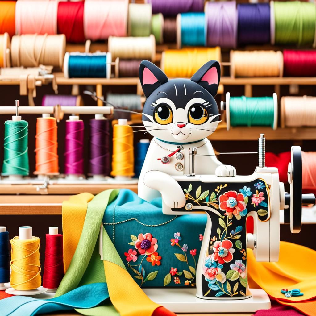 Cute Disney cartoon cat sitting at a sewing machine, sewing ...