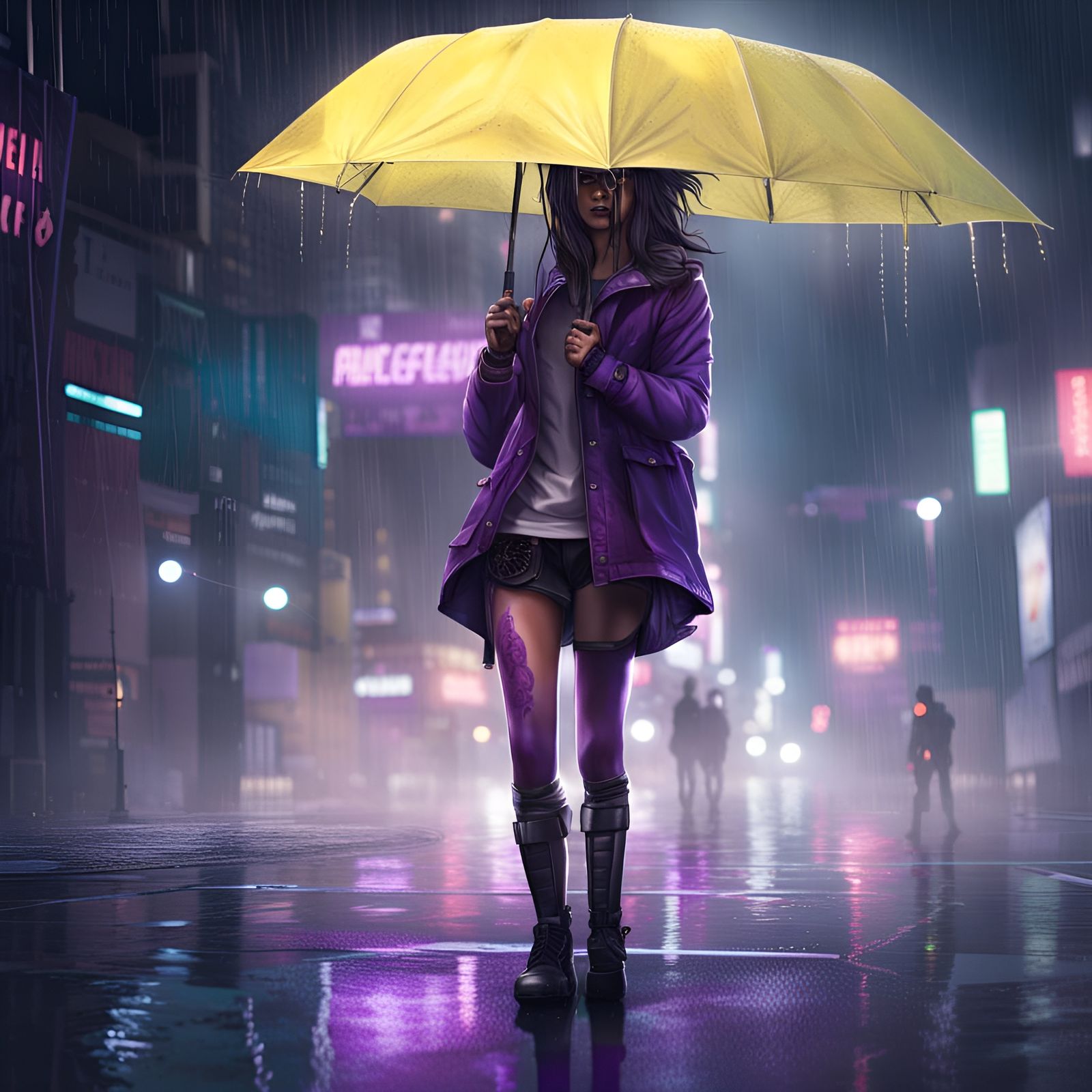 Cyberpunk Girl in Rain with Purple Neon Lights