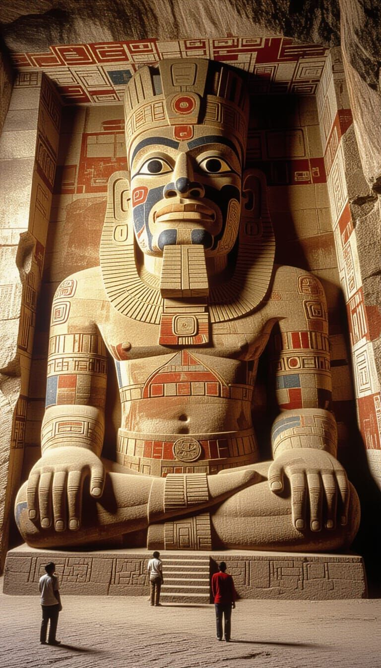 Mesoamerican Stone Idol Cave Painting in Earth Tones