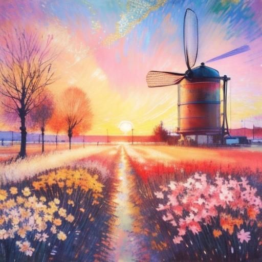 Spring Sunset Landscape as Encaustic Alcohol Ink Painting