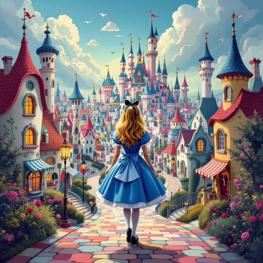 Adult Alice in Whimsical Surreal Town