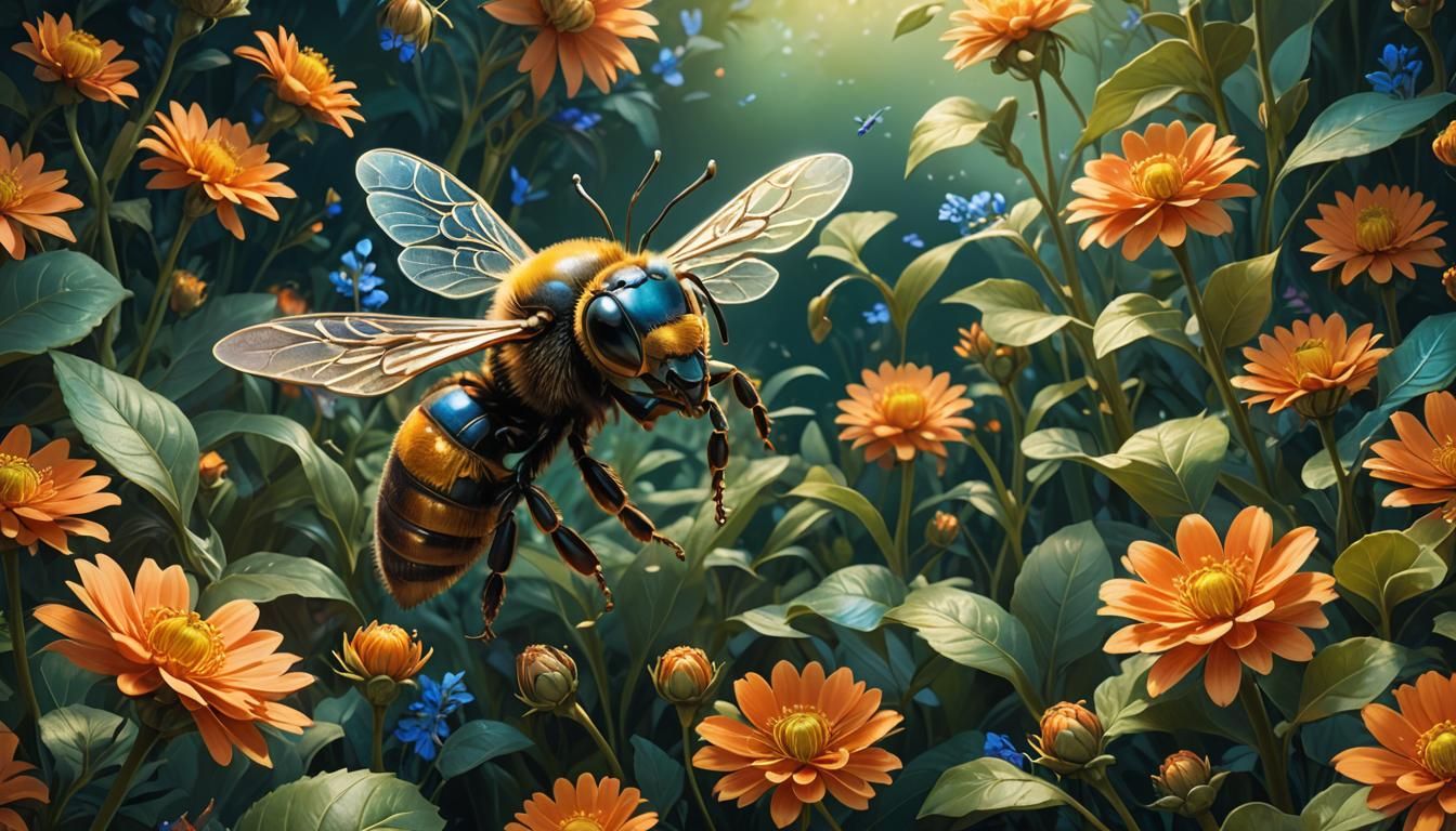 Stylized Bee on Flower in Matte Painting Style