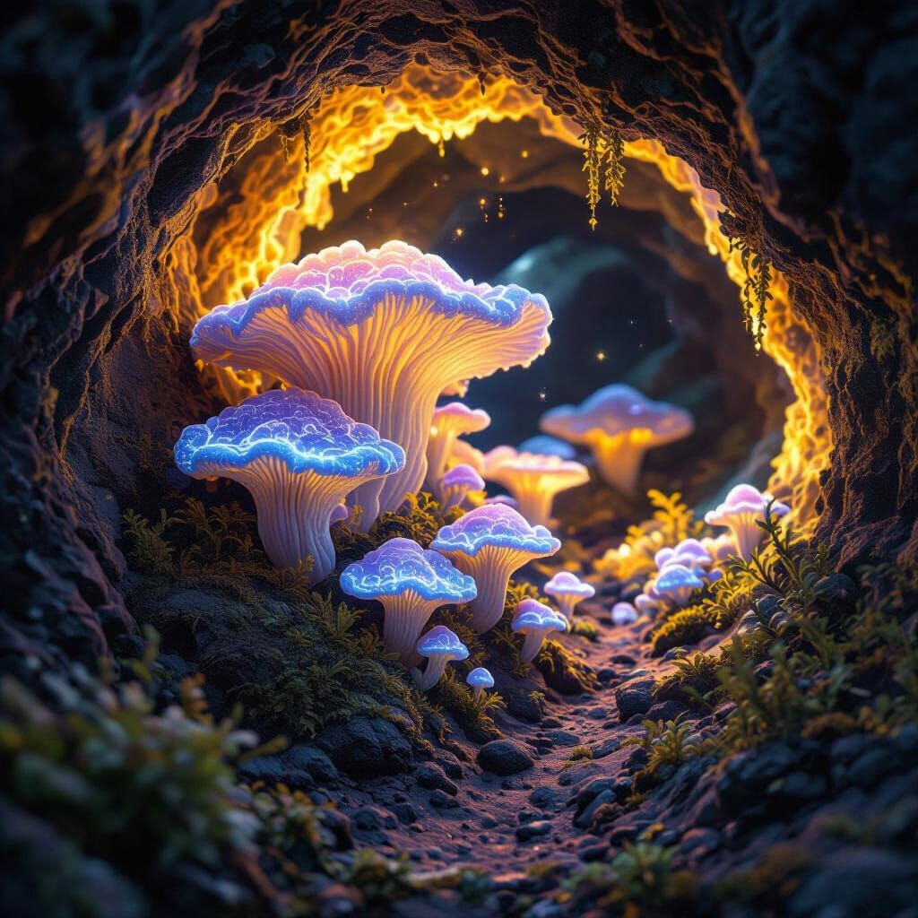 Bioluminescent Fungi in Dark Fantasy Grotto