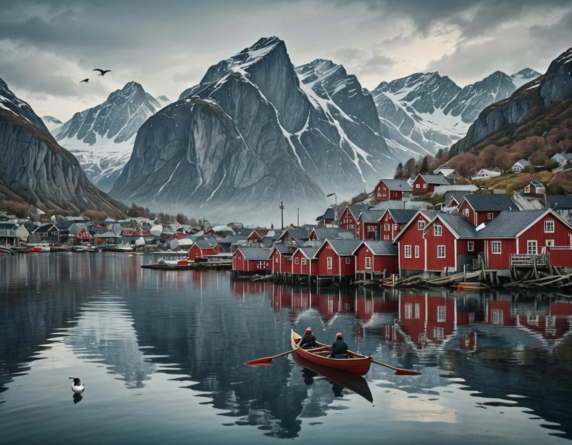 Norway's Reine in Neurographic Art Nouveau Style