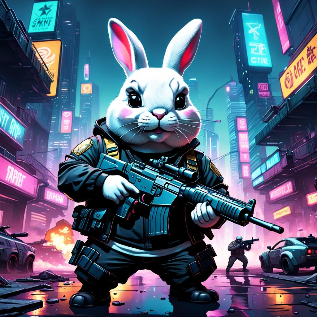 Cyberpunk Rabbit Soldier Points Gun, GTA Style