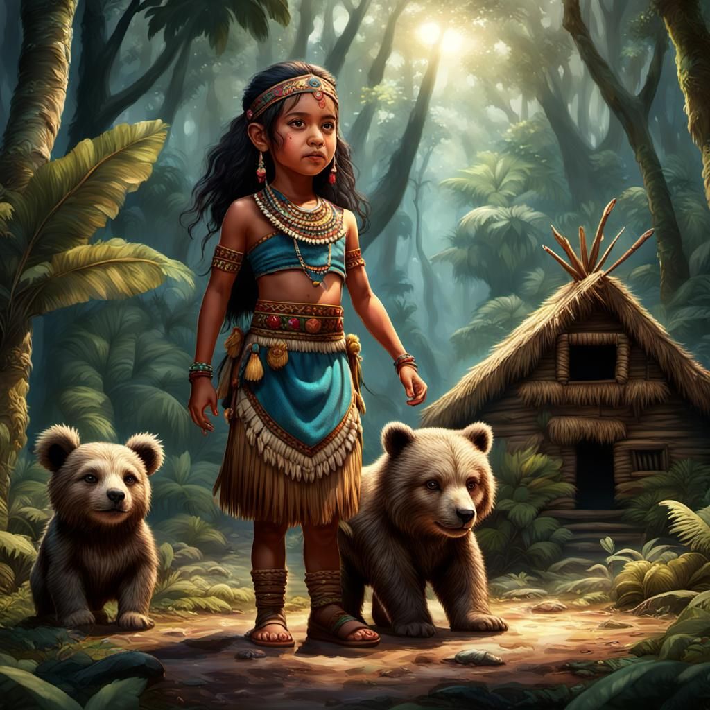 Taino Princess with Bear Cub, Fantasy Art