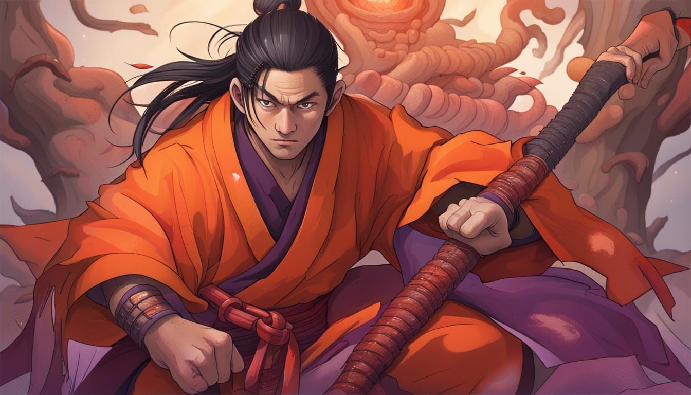 Blind Monk with Axe in Anime Style