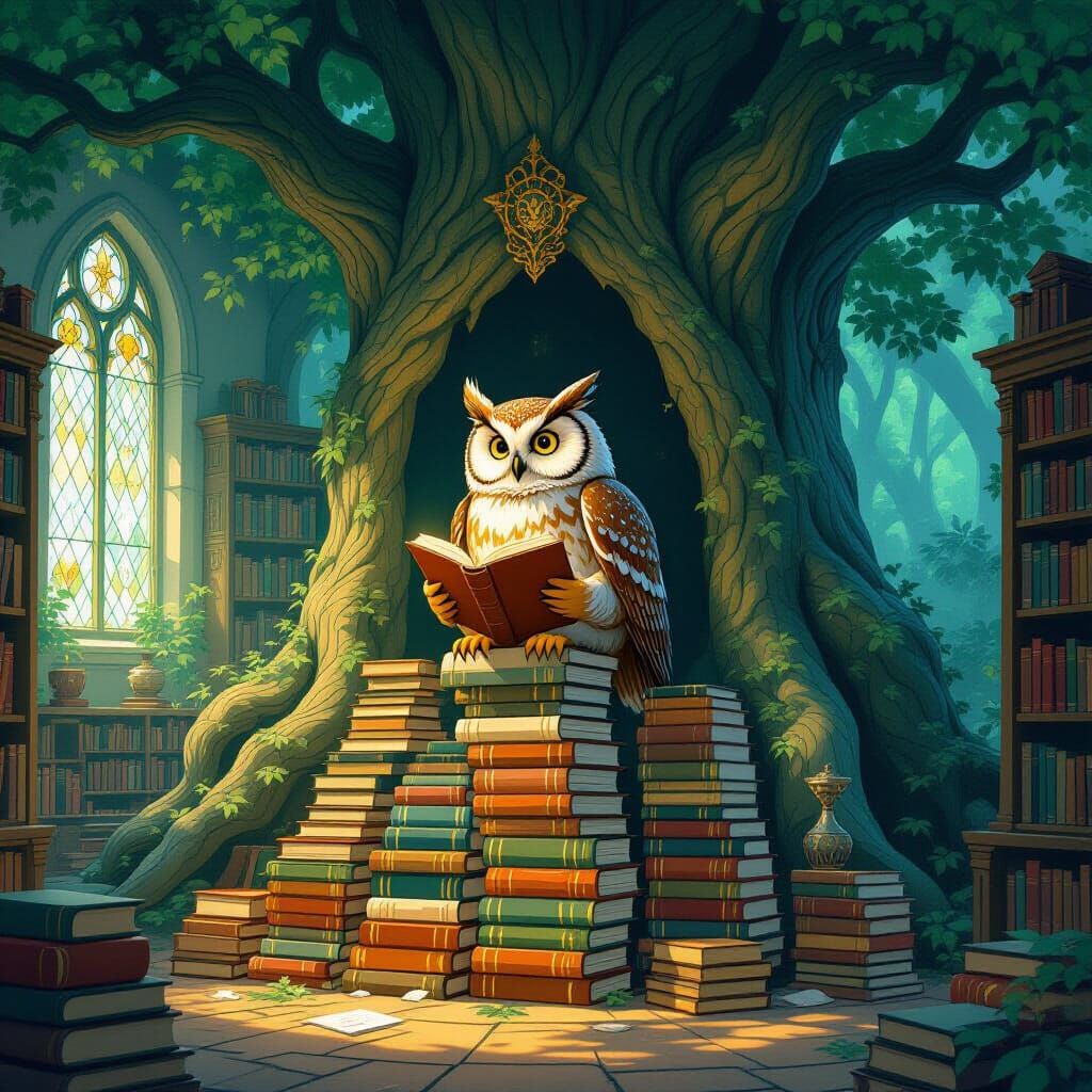 Wise Owl Librarian in Ghibli-esque Forest Library