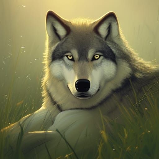 Detailed Wolf Portrait in Grassy Field, Hyperdetailed Art