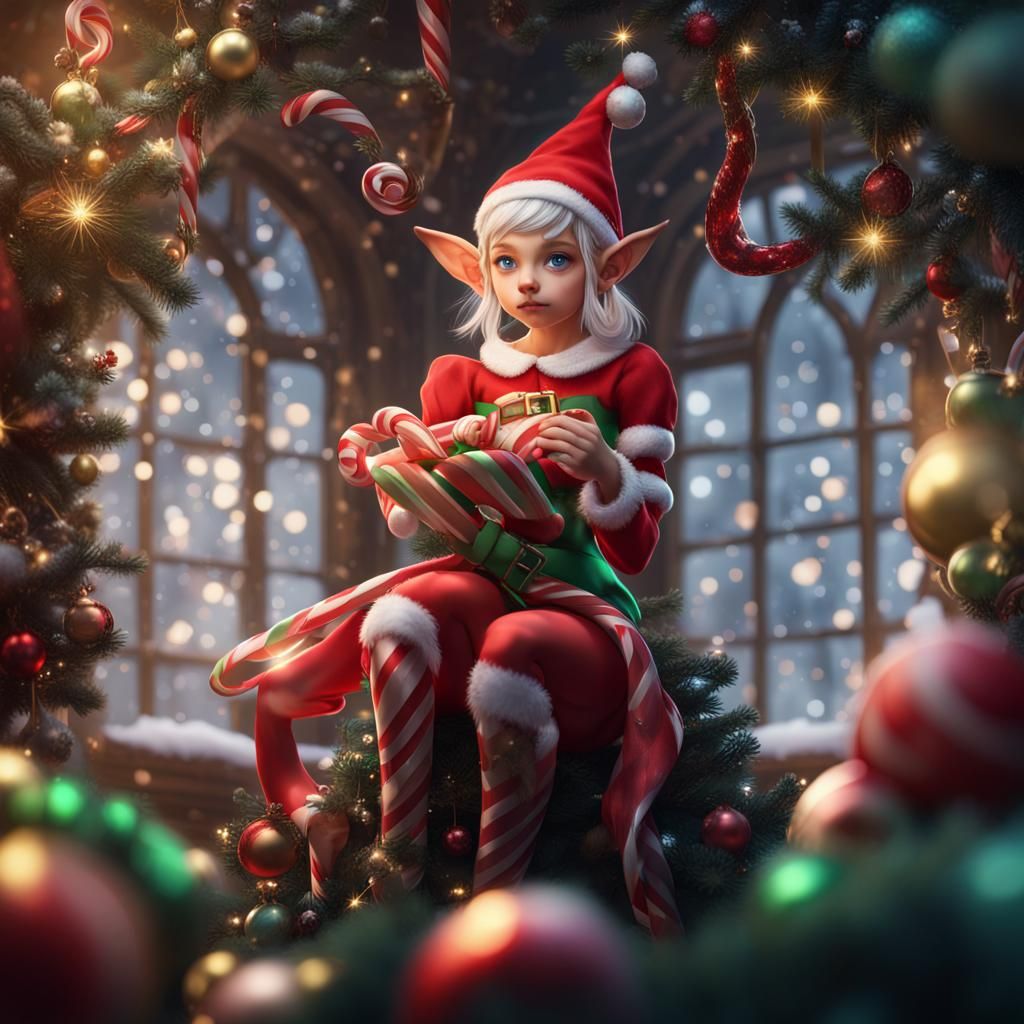 Christmas Elf on Candy Cane, Detailed Matte Painting