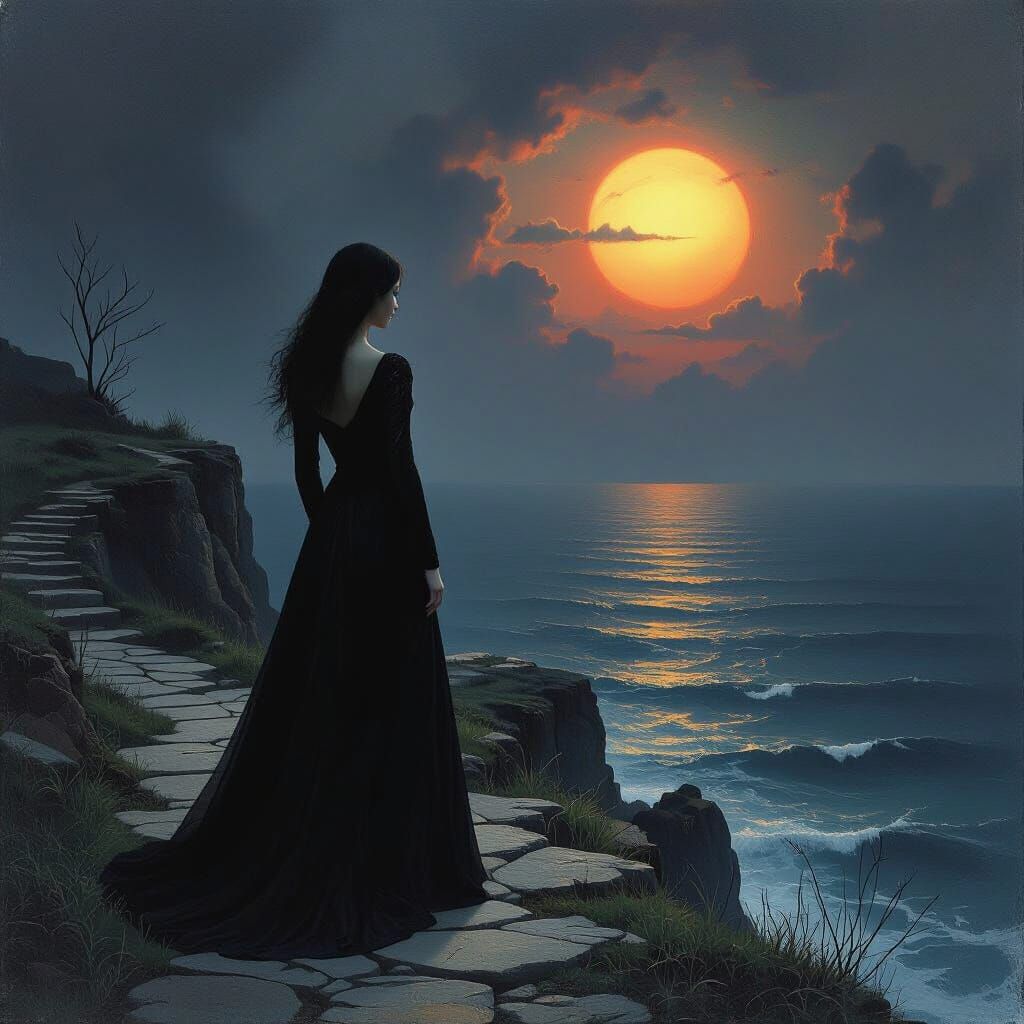 Gothic Woman Watching Sunrise over Dark Sea