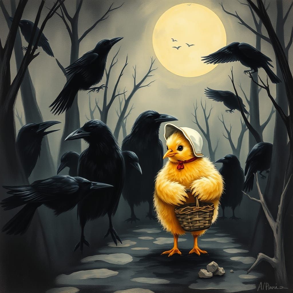 Chicken in Ominous Forest: Expressionist Watercolor Image