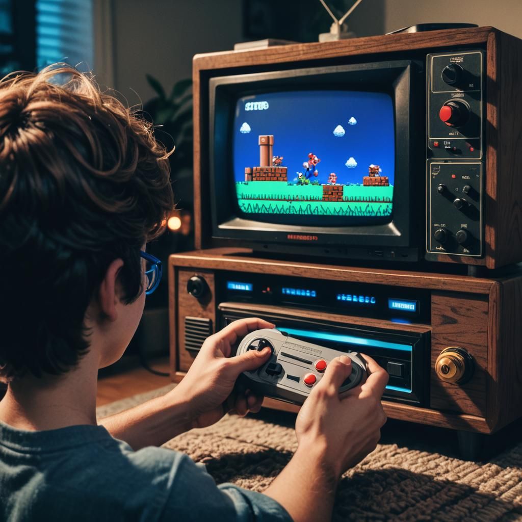 Boy Playing Super Mario on Vintage Console