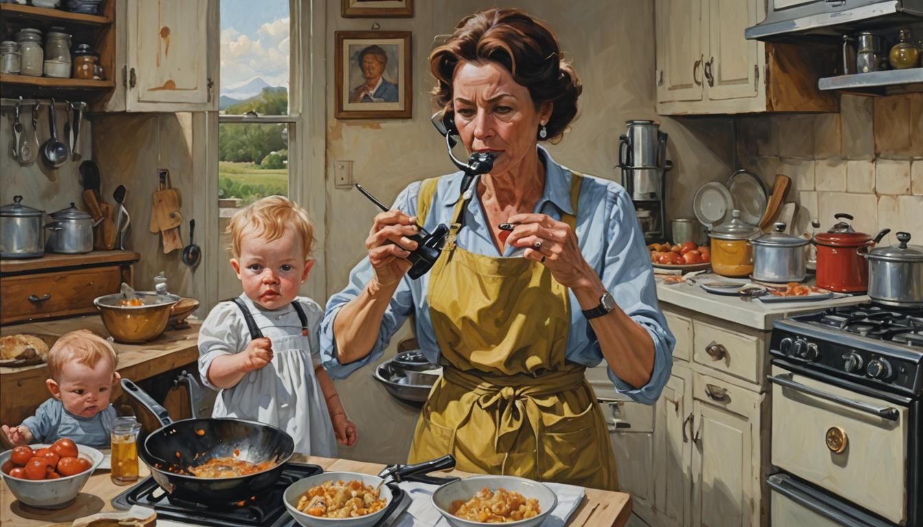 Mother Cooking, Baby Holding Dress: Oil Painting