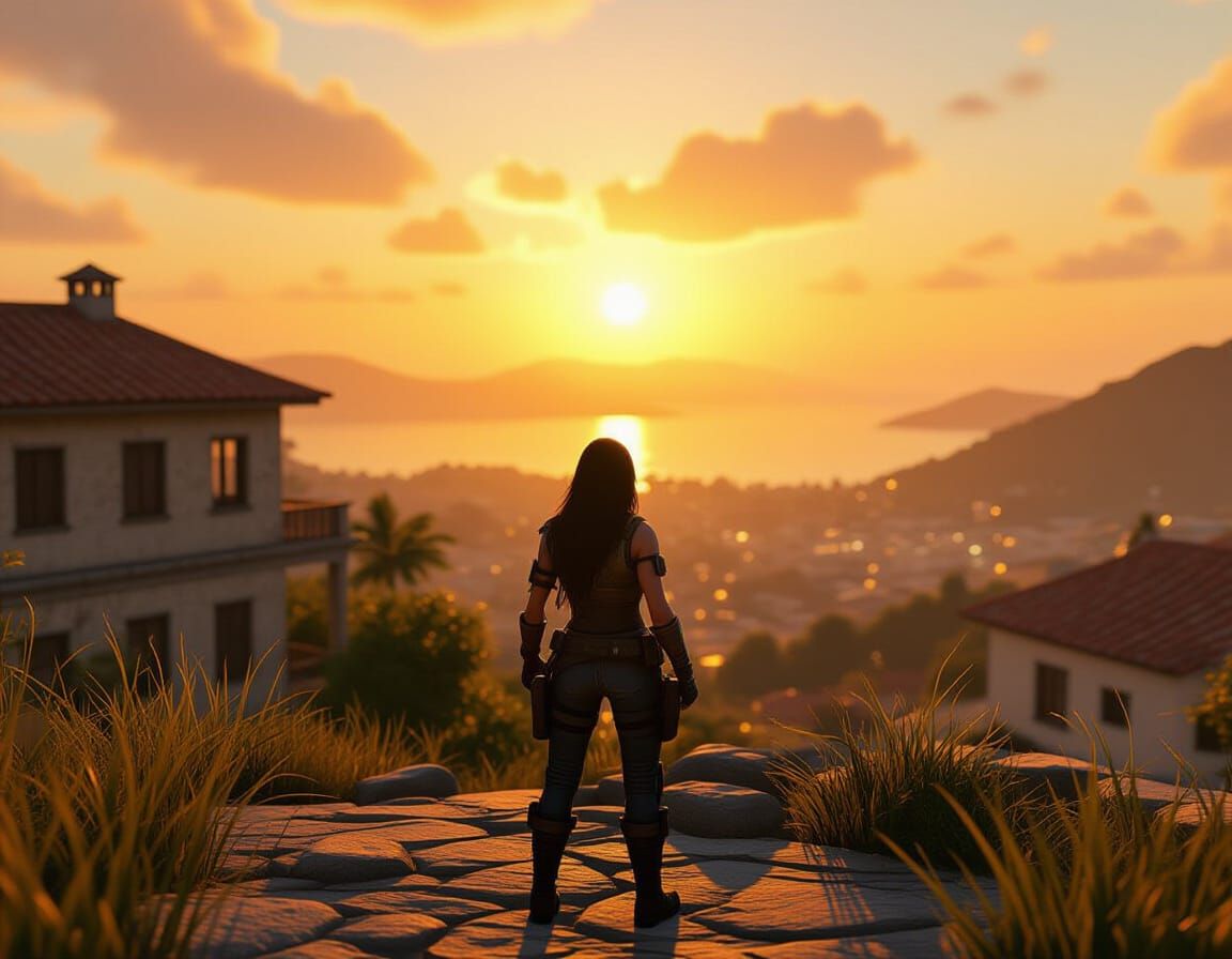 Lone Warrior on Abandoned House at Sunset