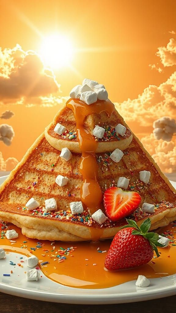 Ancient Egypt pyramid made of  pancakes covered with dripping honey, sprinkles, marshmallow, strawberry, sun beams, envi...