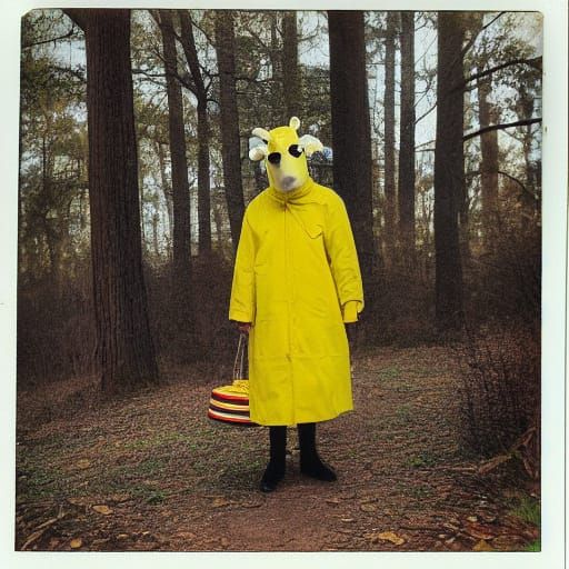Woman in Yellow Raincoat and Sheep Mask Holds Basket in 80s ...