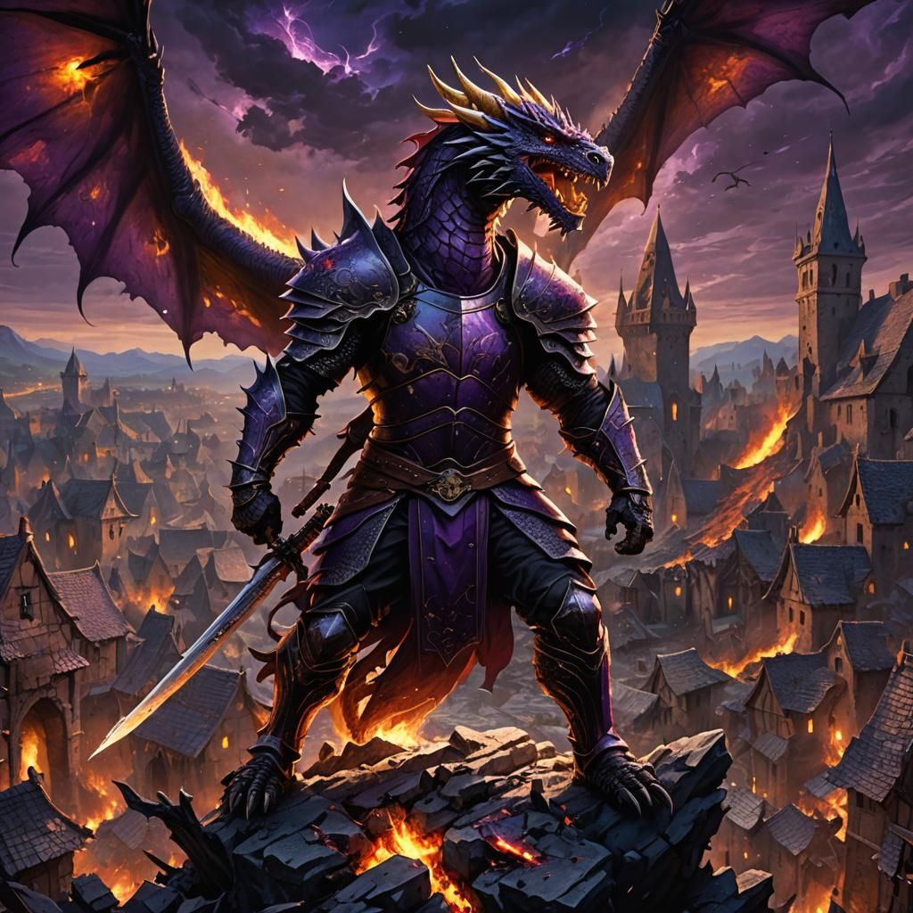 Dragon and Warrior in Dark Fantasy Landscape