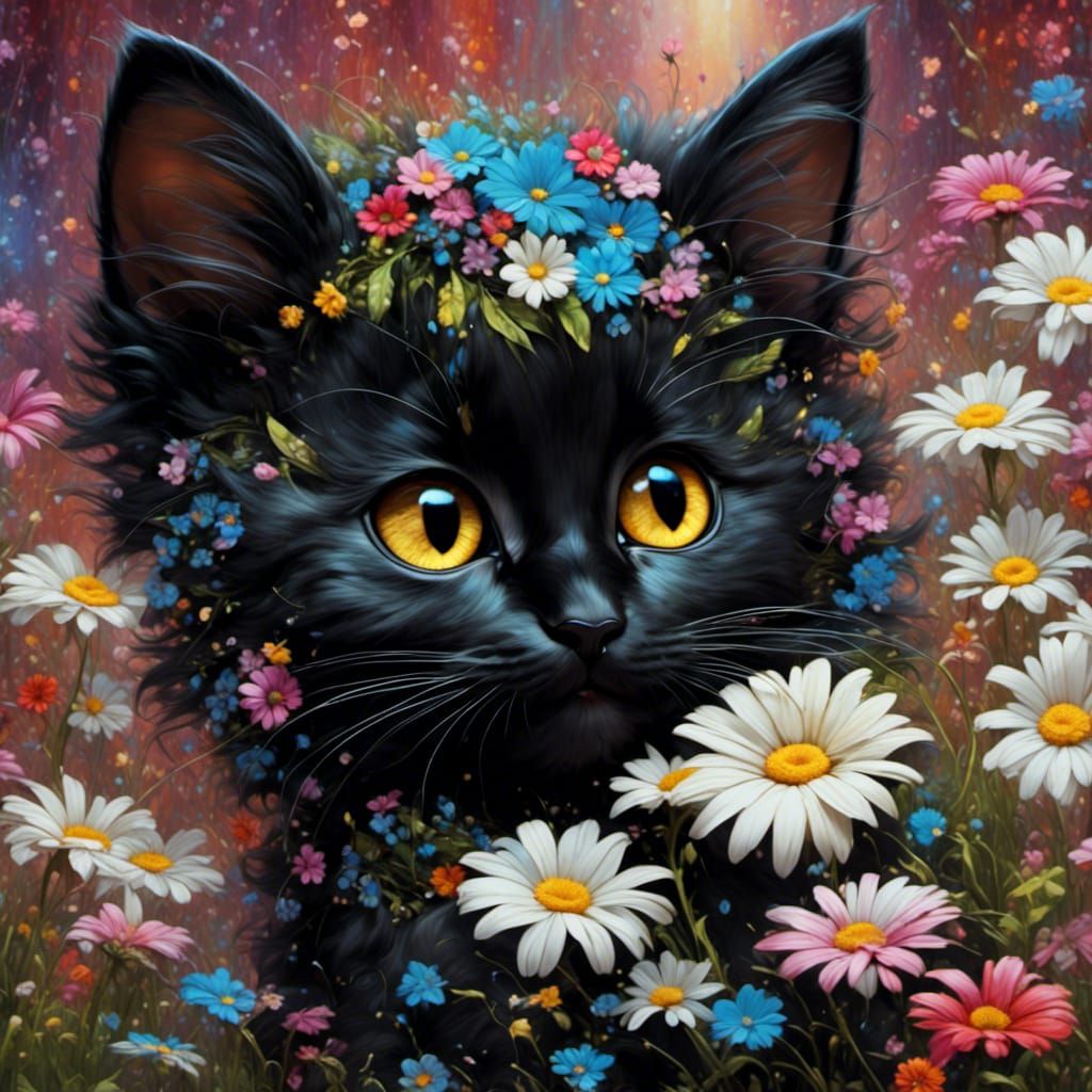 Black Kitten in Daisies, Colorful Animals Style