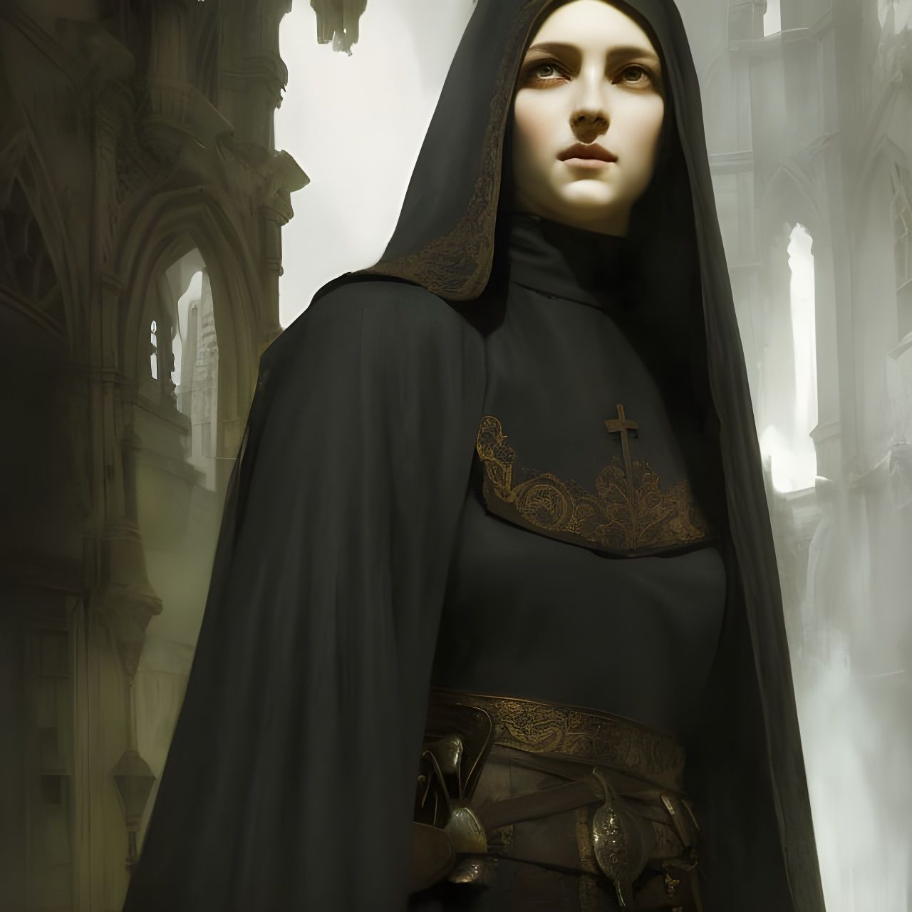 Young Nun Portrait in Dark Medieval Style