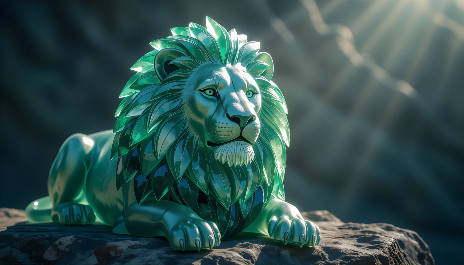 Frosted Glass Lion Sculpture with Emerald & Cobalt Sea Glass