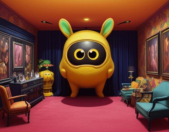 Disturbing Cartoon Man With Googly Eyes in Maximalist Room