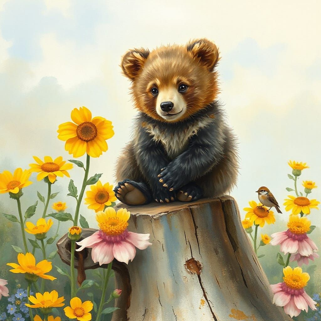 Bear Cub in Floral Scene, Painterly Illustration
