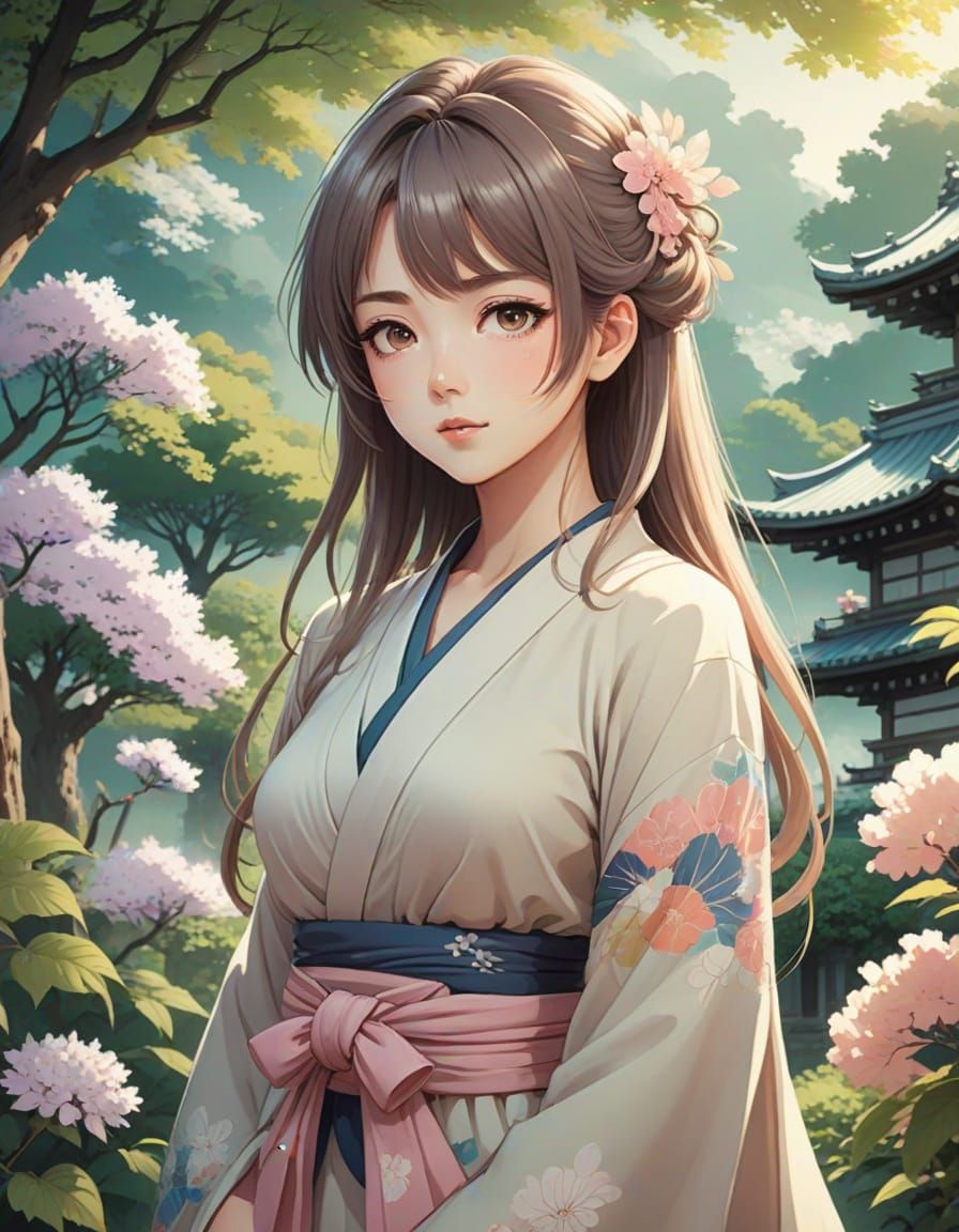 Anime Style Woman in Serene Garden Digital Painting