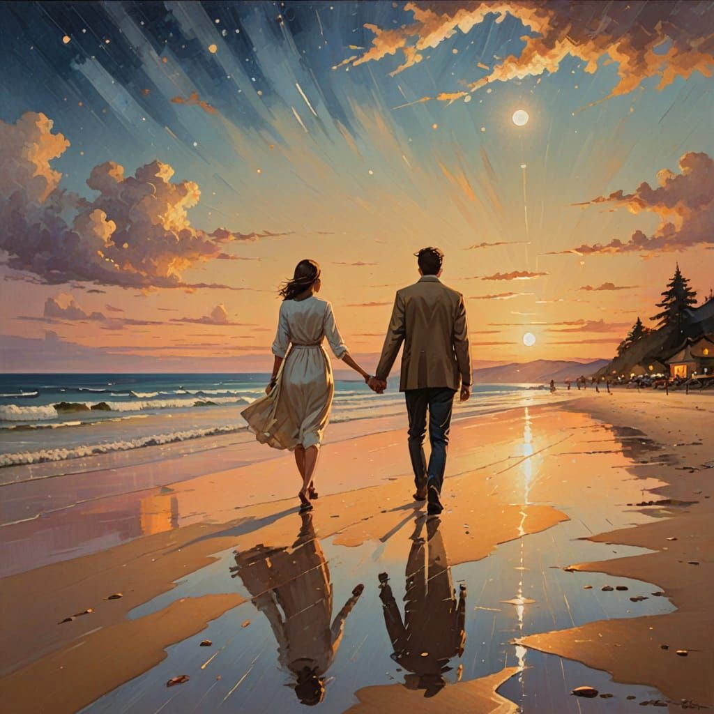 Romantic Beach Walk under Starry Sky as Oil Painting
