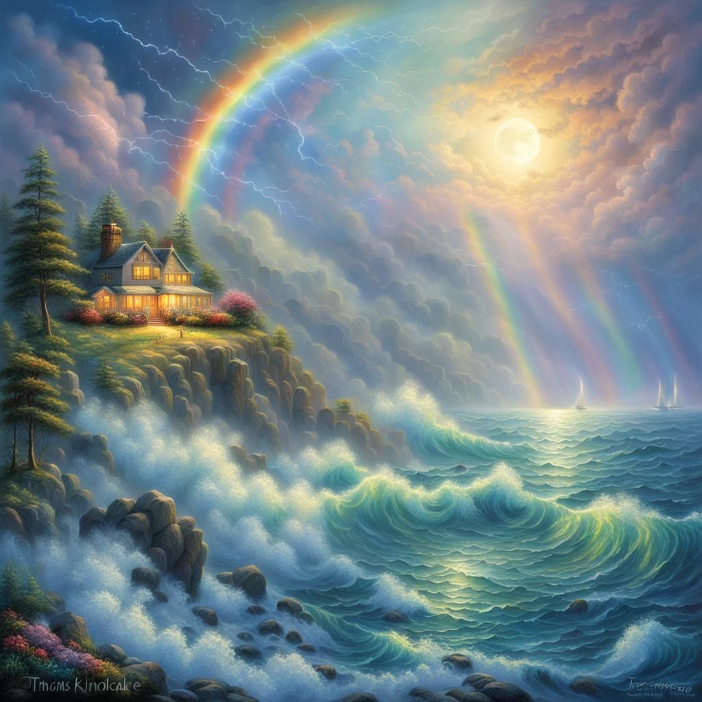 Ethereal Ocean Scene with Rainbow Lightning